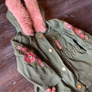 3/$12 Green Denim Jacket with Pink Floral Embroidery
